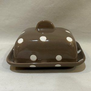 Murval Ceramic Mini Individual Butter Dish Lidded Brown w/ White Polka Dots